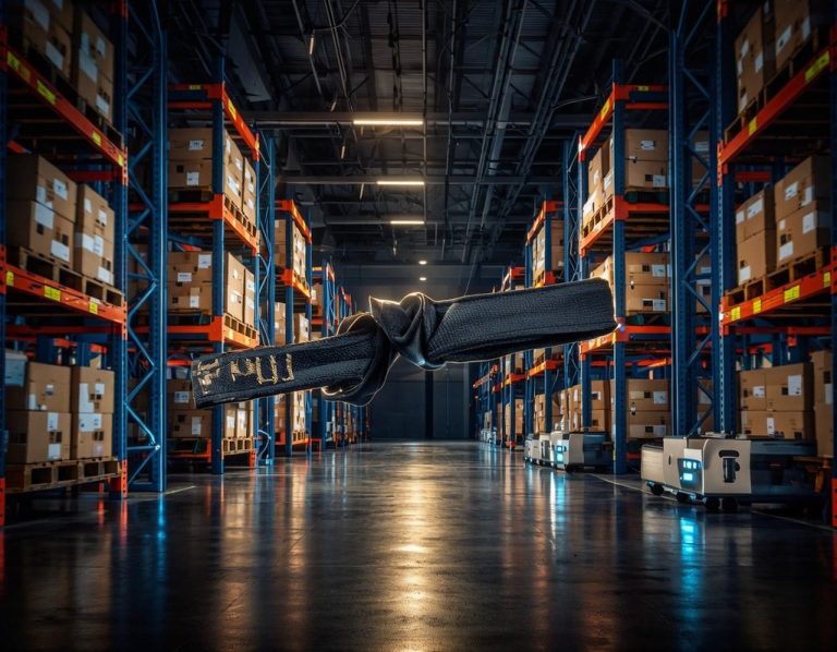 Lean Six Sigma Black Belt Course A martial arts black belt floating above a warehousing and logistics facility, potentially solving complex issues