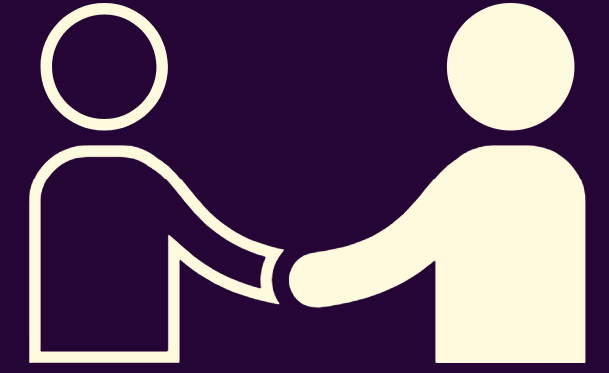 Honest -Hand Shake Logo Two characters shaking hands on a contract to move forward with a programme, perhaps - yellow on purple background
