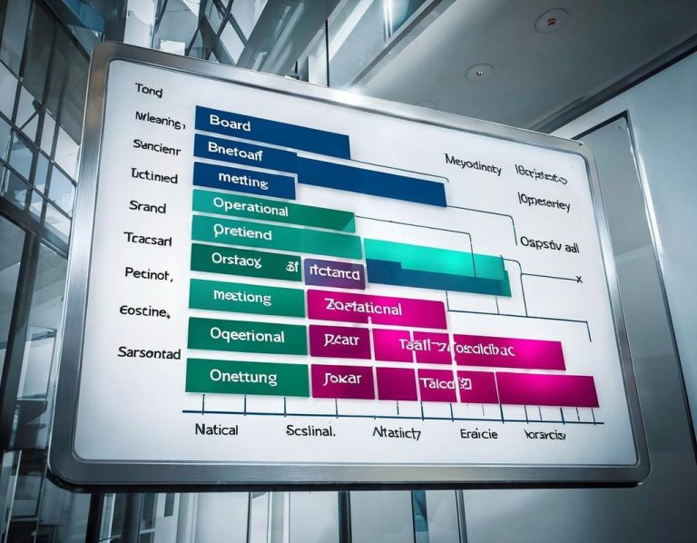 Example Meetings Cascade Document A stylised picture showing an organisation meetings cascade with time period and type of meeting on the axes