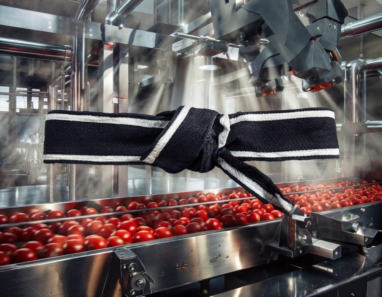 Lean Six Sigma Master Black Belt Course A martial arts black belt with white trimming floating above a clean and efficient food production line, guiding strategy across site