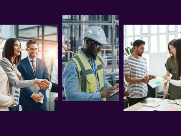Three images of people showing wide experience across production and office environments